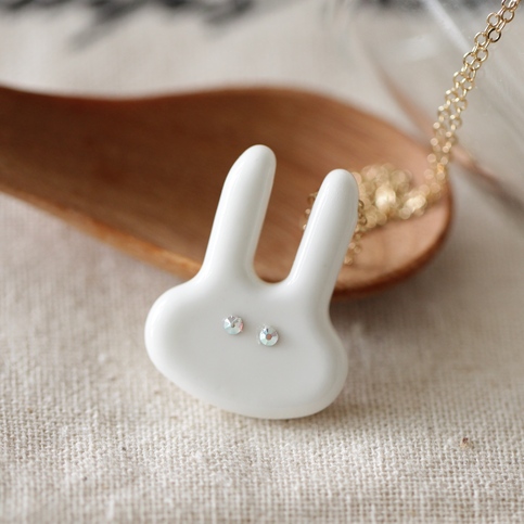 super cute bunny head with clear swarovski eyes necklace