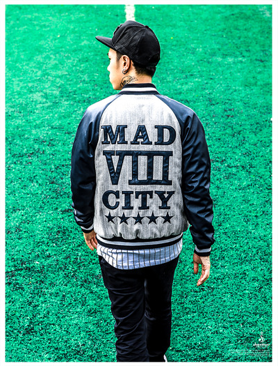 JOKESTER MAD VIII CITY 5 STARS NAVY SYNTHETIC LEATHER SLEEVE BASEBALL GREY JACKET