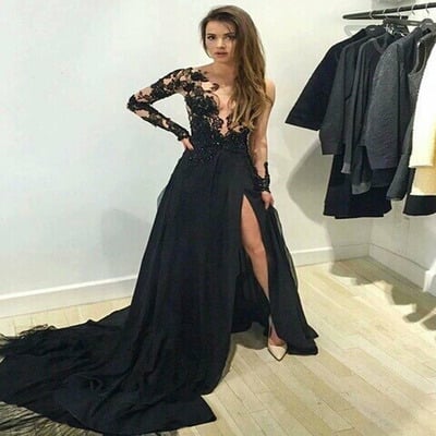 long prom dress,lace prom dress,black prom dress,long sleeves prom dress,evening prom dress,popular prom dress, Bd14520
