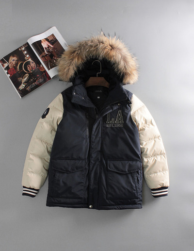 MBL HOODED FAUX RACCOON FUR COLLAR BEIGE NAVY COAT