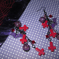 Red & Purple Leopard, Skull, Cross and Bat Earrings - Thumbnail 2