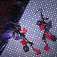 Red & Purple Leopard, Skull, Cross and Bat Earrings - Thumbnail 3