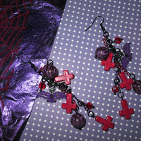 Red & Purple Leopard, Skull, Cross and Bat Earrings - Thumbnail 4