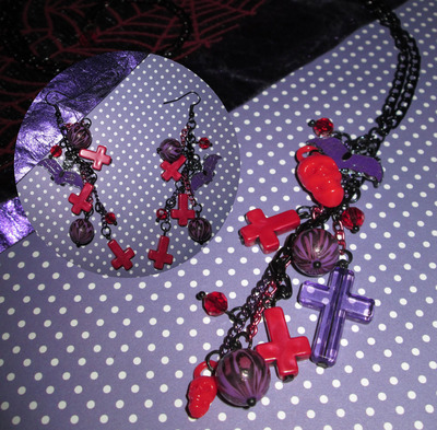 Ultra Long Red & Purple Leopard, Skull, Cross and Bat Necklace and Earrings Set