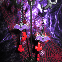 Ultra Long Red & Purple Leopard, Skull, Cross and Bat Necklace and Earrings Set - Thumbnail 4