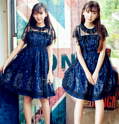 Japanese harajuku lolita stars printing dresses two-piece