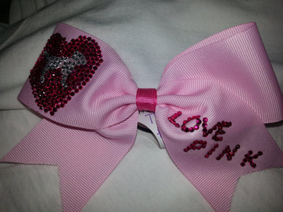 "Love Pink" Bling Scottie Dog and Heart - 2 in Pale Pink Grosgrain Ribbon with Bling Gems Center Cheer Bow