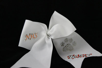 "Bling Paw"  (Your School) - 2 in White Grosgrain Ribbon with Silver Center  Accented with Bling Gems Cheer Bow