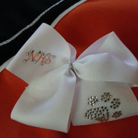 "Bling Paw"  (Your School) - 2 in White Grosgrain Ribbon with Silver Center  Accented with Bling Gems Cheer Bow - Thumbnail 2