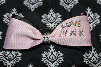 "LOVE PINK" - 2 in Pale Pink Grosgrain Ribbon with Bling Gems Center - Cheer Bow