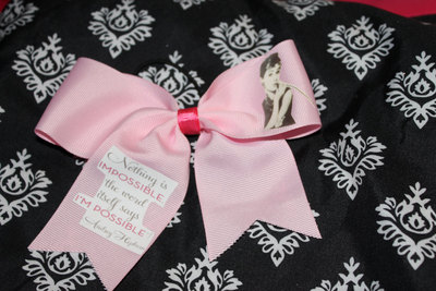 "Audrey Hepburn;Nothing Is Impossible" Quote CHEER BOW; 2 in Pale Pink Grosgrain Ribbon with Hot Pink center
