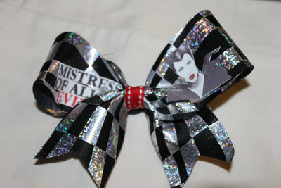 "Mistress Of All Evil"; Black & Silver Lame RIbbon with a Red Center 2 in Cheer Bow