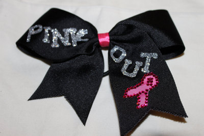 "PINK OUT" - 2 in Black Grosgrain Ribbon with a Hot Pink Center in Silver Bling Letters Ribbon Accented with Hot Pink Gems Cheer Bow