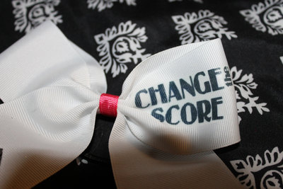 "CHANGE THE SCORE" CHEER BOW - 2 in White Grosgrain Ribbon with Hot Pink center