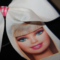 "BARBIE" CHEER BOW; 2 in White Grosgrain RIbbon with Pink Ginham center  - Thumbnail 3