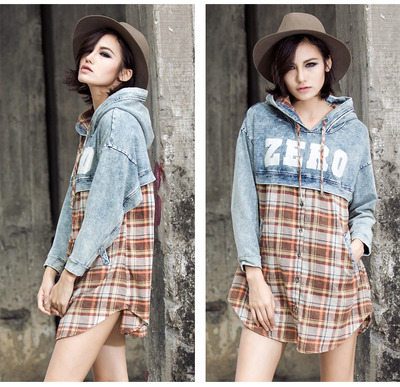 EUROPEAN STYLE LOOSE DENIM HOODED PLAID DRESS SHIRT