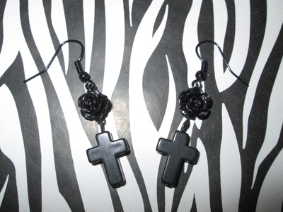 Small Black Rose Earrings with Small Black Crosses