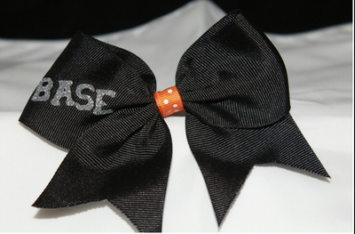 STUNT GROUP - "BASE" 2 in Black Grosgrain Ribbon with an Orange & White Polka Dots Center; BASE in Silver Bling Letters Cheer Bow