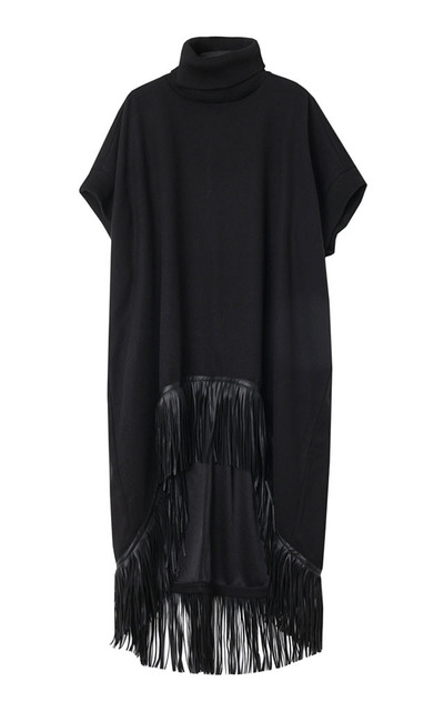 HIGH COLLAR BLACK LOOSE TASSEL DRESS SHIRT