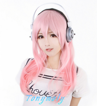 Super Sonico Cosplay Wig Fashion Straight Pink Wig headphone