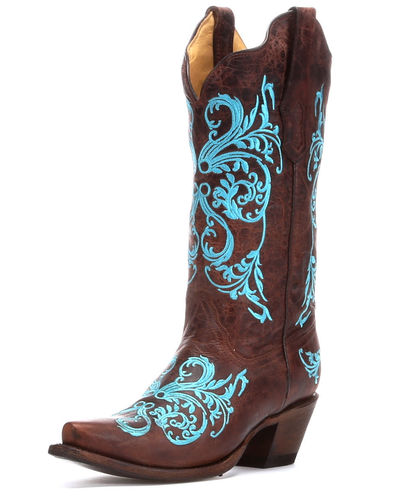USA LUCCHESE TURQUOISE FLORAL EMBROIDERED CLASSIC BROWN COW BOY BOOTS