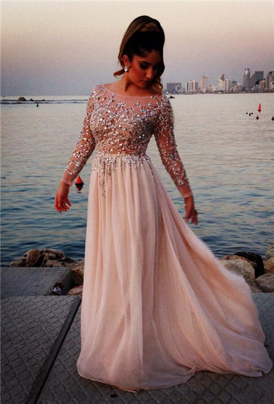 Bateau long sleeves luxurious beading A-line evening dress,long prom dresses