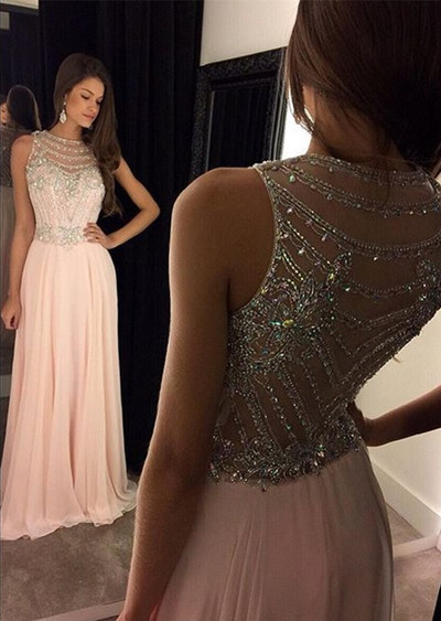 Sleeveless Jewel beading A-line light pink prom dresses,evening dresses