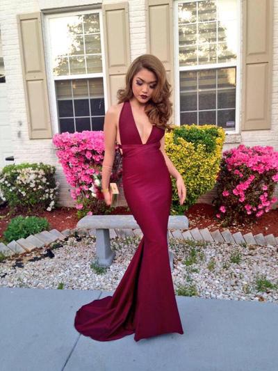V-neck Sweep Train burgundy mermaid long evening dresses,formal dresses
