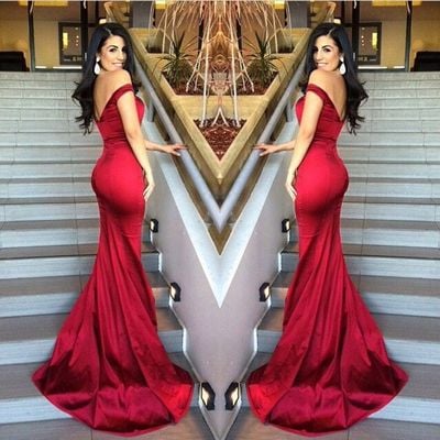 V Back Satin Mermaid Ruby burrundy Evening dress,long prom dresses