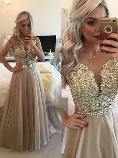 gold prom dresses,Gold A-line Scoop Floor-length Chiffon 2016 Prom Dresses Evening Dresses 8687
