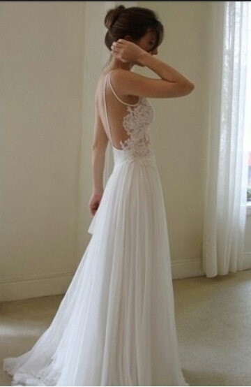 V-neck Straps Open Back Chiffon A-line Lace Wedding Dress,backless wedding dress