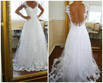 A-line Lace Low Back Chapel Train Wedding Dress,lace wedding dresses