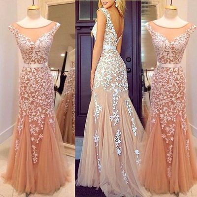 Beauty Scoop Tulle Lace Mermaid Sexy Sash lace long Prom Dress