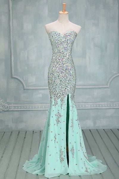 Light blue A-line Beading Slit Sex Long Prom Dresses,evening dresses