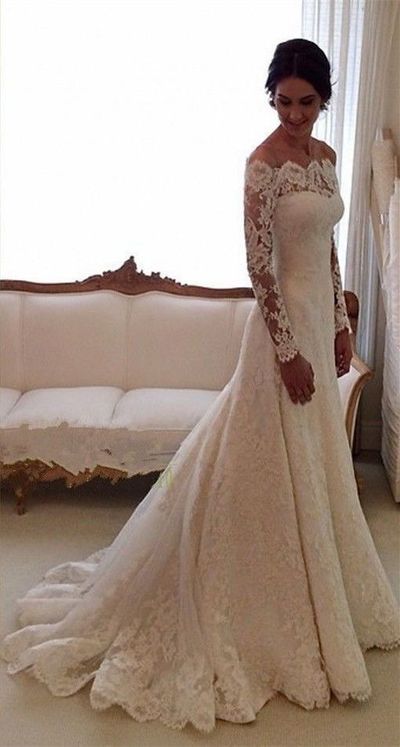 Beauty Long sleeves chapel train mermaid lace wedding dress,wedding gowns