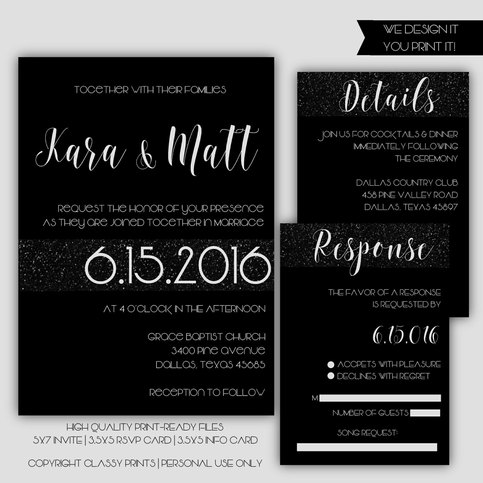 Printable Wedding Invitation - Black Glitter Wedding Invitation - Black