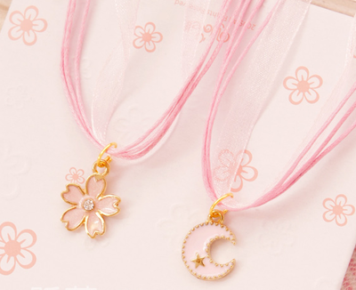 Japanese sweet pink cherry blossoms moon ribbon necklace