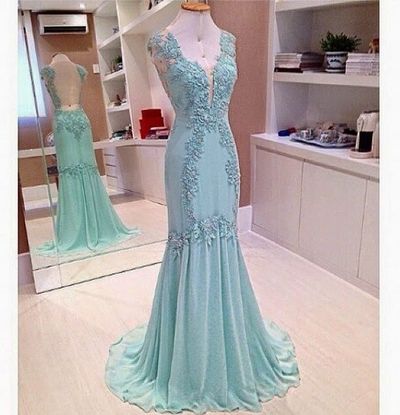 Long Sleeveless Mermaid Prom Gown V Neckline Applique pst0006