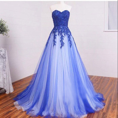 A Line Strapless Sweetheart Blue Prom Dresses with Beaded Applique Bodice pst0004