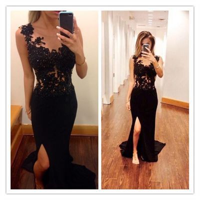 Long Lace Sleeveless Prom Gown Illusion Neckline pst0030