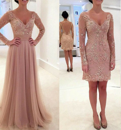 Lace Prom Dresses Long Sleeves V Neckline Detachable Tulle Skirt pst0037