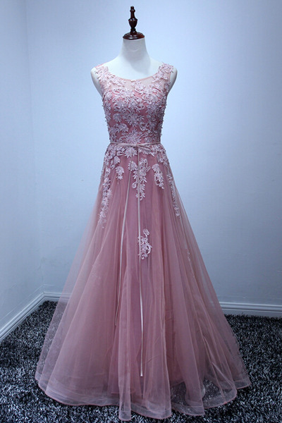 Strapless Pink A Line Floor Length Prom Dresses Lace Embellishment pst0059