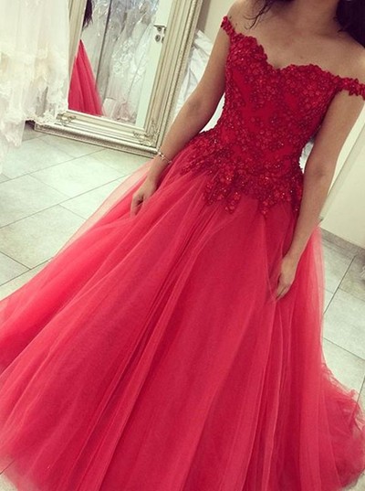 Off Shouder Red Lace Bodice Tulle Skirt Prom Dresses pst0065