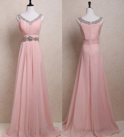 Pink Chiffon Prom Gonws Beaded V Neckline Zipper Back pst0066
