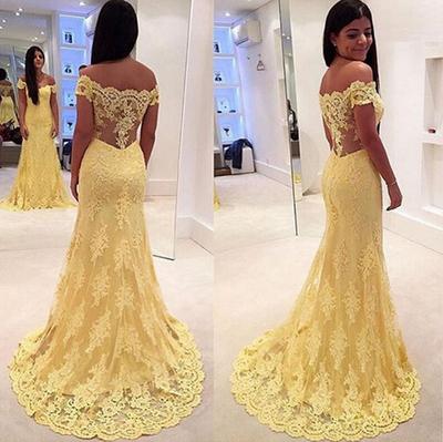 Yellow Off Shoulder Prom Dresses Overlay Lace V Back pst0070