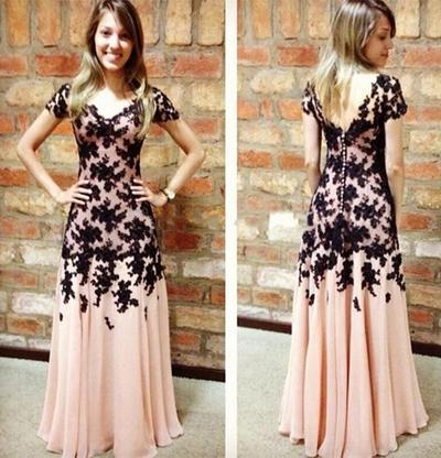 Short Sleeves Prom Dresses Black Lace Buttons Back pst0072