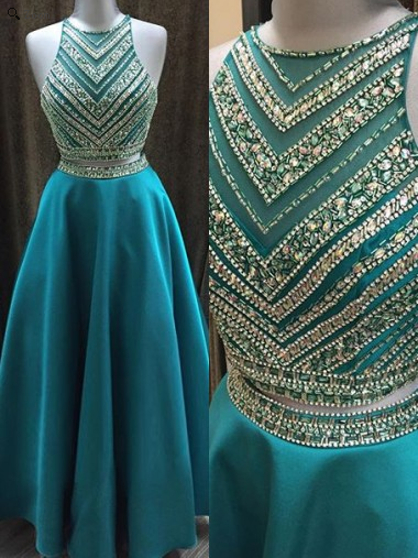 Floor Length Sleeveless Satin Turquoise Prom Dresses Beaded Bodice pst0041