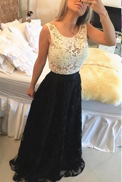 Floor Length Prom Dresses Round Neckline Sleeveless Pearls Bodice Lace Skirt pst0079