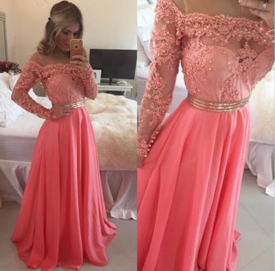 Floor Length Long Sleeves Lace Bodice Prom Gowns Evening Dresses pst0084
