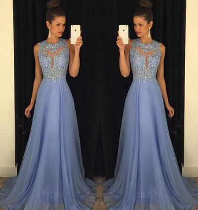 Sky Blue A Line Prom Dresses Tulle Skirt Lace Bodice pst0085